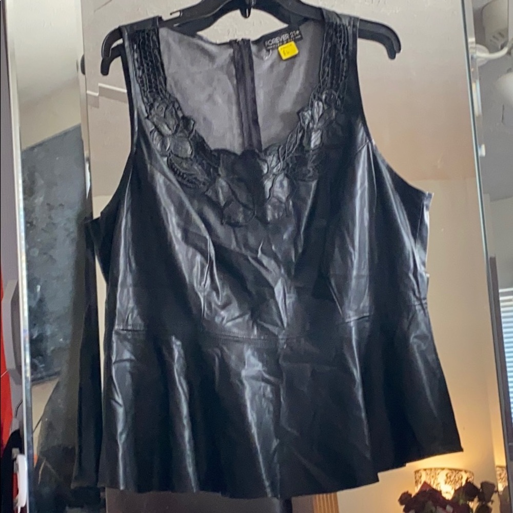 BLACK LEATHERETTE PEPLUM TOP